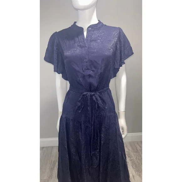 Women's Shoshanna Navy Jacquard Ruffle Sleeve Belted Midi Dress Size 6 - Picture 7 of 12